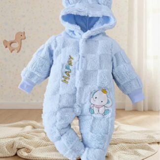 Combinaison Pilote Bébé « Happy Elephant » – Bleue en Peluche Douce